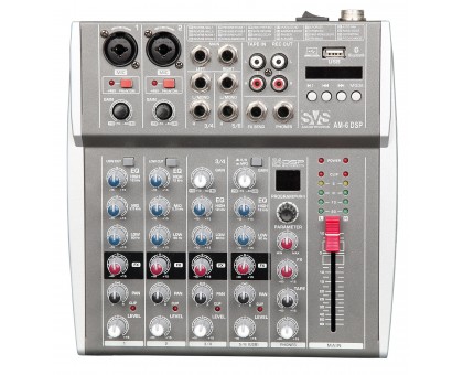 SVS Audiotechnik mixers AM-6 DSP микшерный пульт аналоговый, 6 каналов, USB, фантомное питание +48 V, процессор эффектов 24 DSP EFFECT. Встроенный MP3-плеер с функцией записи, BLUETOOTH. Размер (ШхВхГ), мм: 217x50х230. Вес, кг: 1,12.