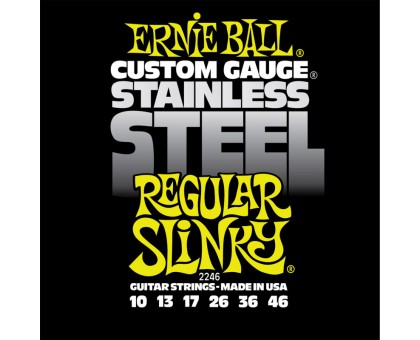 ERNIE BALL 2246 (10-13-17-26-36-46) Stainless steel струны для электрогитары. Обмотка: нержавеющая сталь. Сердцевина: стальная, лужёная, шестигранная.