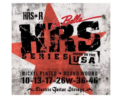 La Bella HRS-R Hard Rockin Steel Regular комплект струн для электро-гитары. 10-13-17-26w-36-46. Верхние струны-сталь, басовые струны-стальной керн в никелированной оплетке.